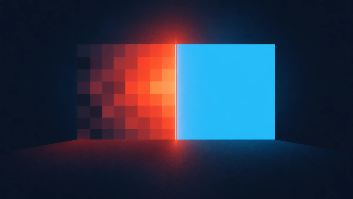 A split rectangle, pixelated on one half and smooth on the other